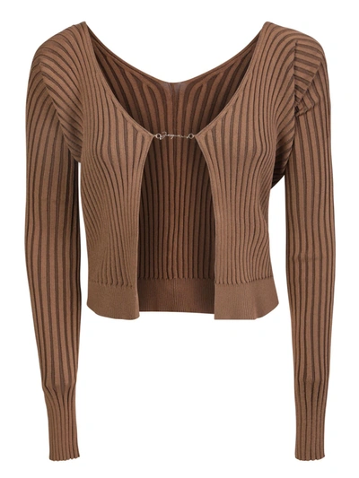 Jacquemus La Maille Pralu Longue Brown Ribbed Cardigan With Logo Charm In Viscose Woman