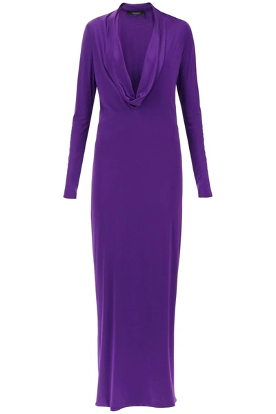 Versace Draped Plunge Long Cocktail Dress In Purple
