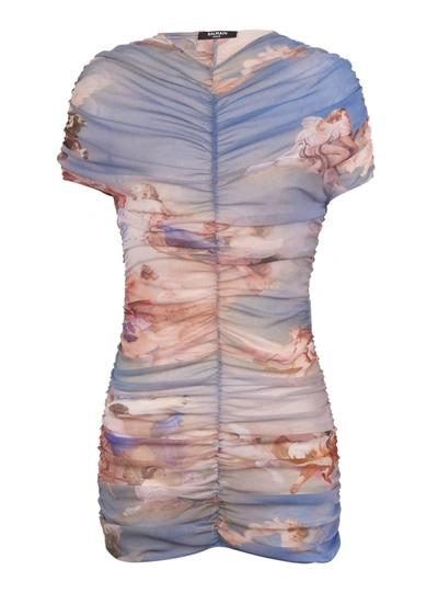 Balmain Sky-print Ruched Tulle Mini Dress In Multicolor