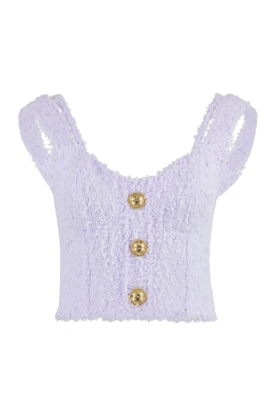 Balmain Tweed Buttoned Cropped Top In Purple