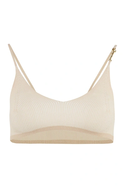 Jacquemus Pralu Cropped Embellished Ribbed-knit Top In Beige