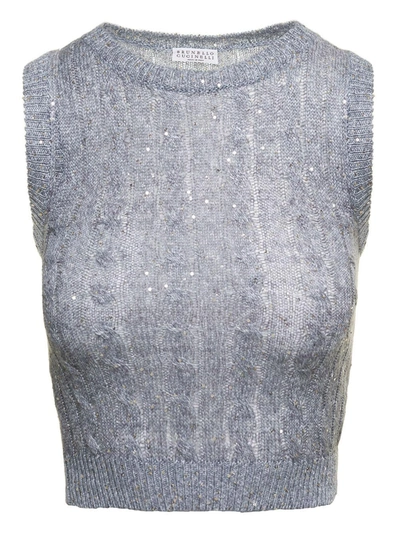 Brunello Cucinelli Sequined Cable-knit Vest Top In Blu