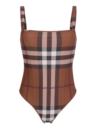Burberry Check Stretch Nylon Swimsuit In Brown
