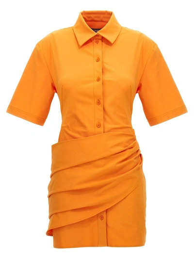 Jacquemus Orange Camisa Draped Cotton Shirt Dress