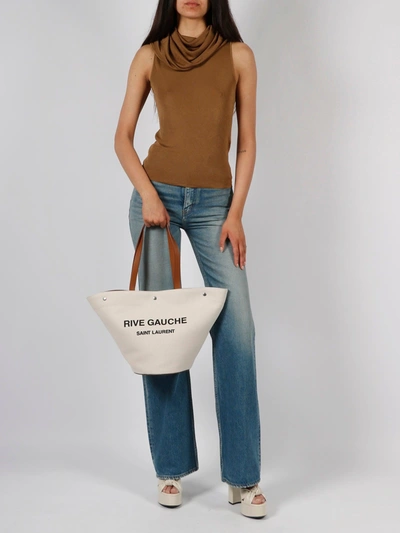 Saint Laurent Women's Rive Gauche Tote Bag In Canvas And Vintage Leather In Nude & Neutrals