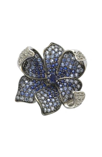 Suzy Levian Sterling Silver Sapphire Flower Petal Brooch In Blue