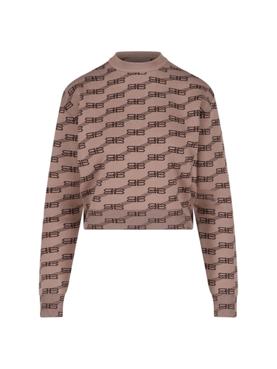 Balenciaga Beige Crewneck Sweater With All-over Jacquard Logo In Cotton Woman