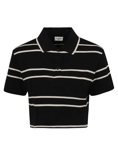 Saint Laurent Striped Piqué Cropped Polo Shirt In Black