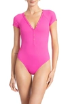 ROBIN PICCONE AMY PLUNGE NECK CAP SLEEVE ONE-PIECE SWIMSUIT