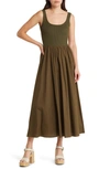Moon River Ribbed Bodice Maxi Sundress In Olive