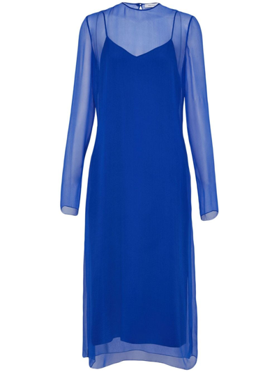 Ferragamo Long-sleeve Silk Mousseline Midi Dress In Lapis