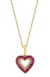 EFFY 14K YELLOW GOLD DIAMOND & RUBY HEART PENDANT NECKLACE