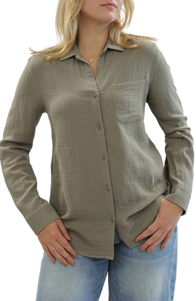Beachlunchlounge Alessia Long Sleeve Cotton Shirt In Olive Nouveau