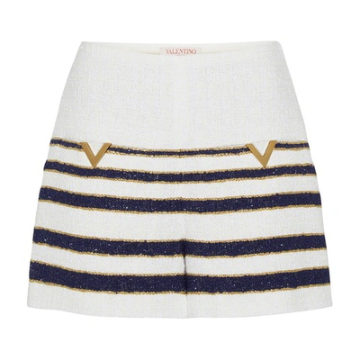 Valentino Mariniere Tweed Striped Shorts In Avorio_navy_gold