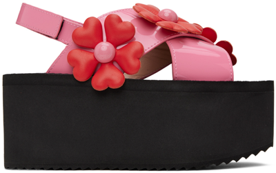 Moschino Women's Heart Flower Crossover Platform Sandals In Pink/black