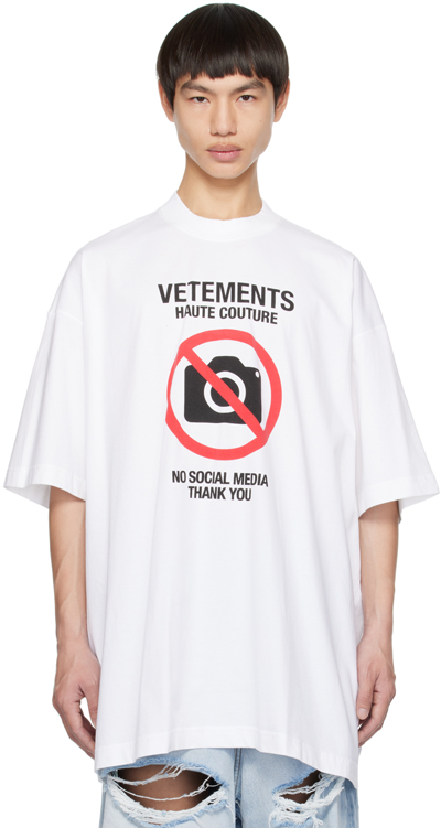 Vetements No Social Media Printed Cotton T-shirt In White