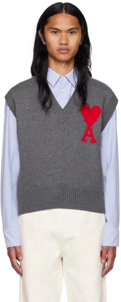 Ami Alexandre Mattiussi Grey Ami De Coeur Sweater In Heather Grey/red/084