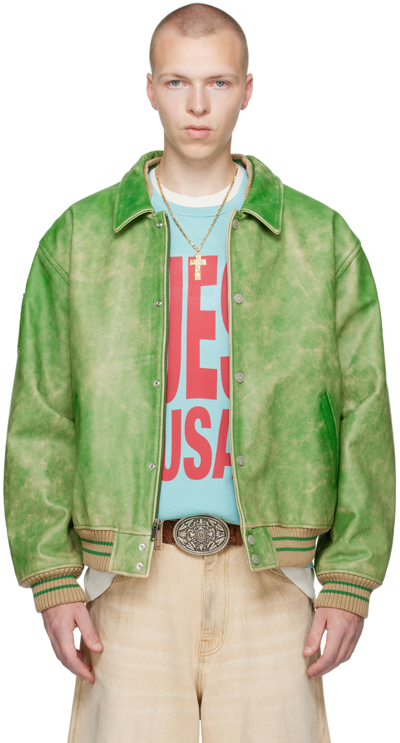 Guess Usa Distressed Leather Letterman Jacket In Green Guess Usa Distressed Leather Letterman Jacket In Green