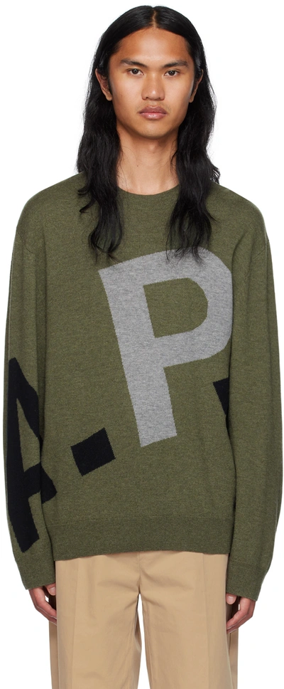 Apc Logo All Over H Crew Neck Sweater In Kaki