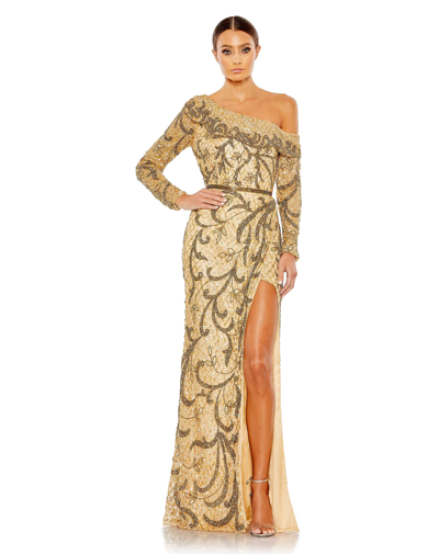 Mac Duggal Embellished One Sleeve Faux Wrap Gown In Gold Nude