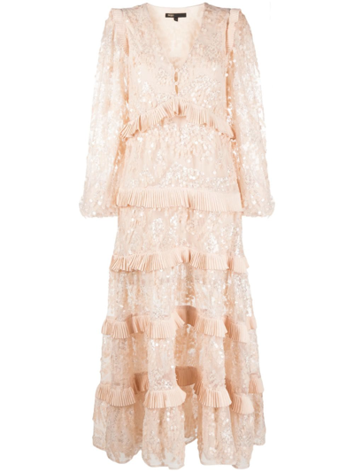 Maje Rosean Sequin Long Sleeve Tiered Dress In Pink | ModeSens
