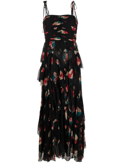 Ulla Johnson Aveline Printed Ruffled Silk Dress In Black