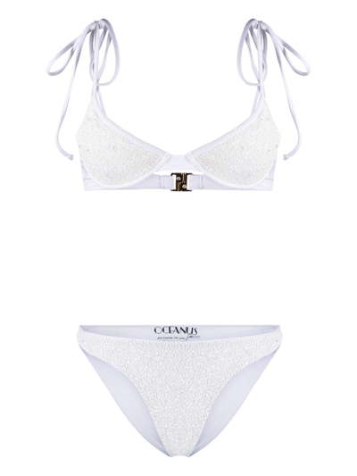 Oceanus White Bead Embellished Bikini Set