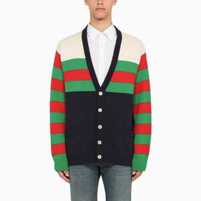 Gucci Cotton Wool Striped Cardigan In Blue