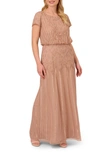 Adrianna Papell Beaded Blouson Gown In Rose Gold