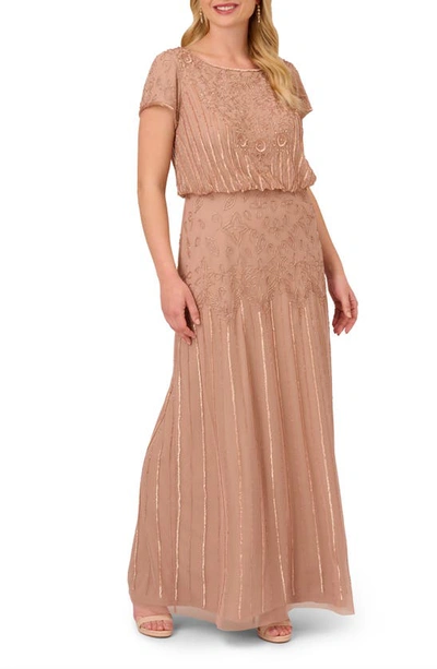 Adrianna Papell Beaded Blouson Gown In Rose Gold