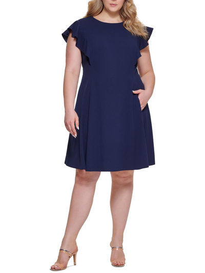 Dkny Plus Size Flutter-sleeve Scuba-crepe Fit & Flare Dress In Navy