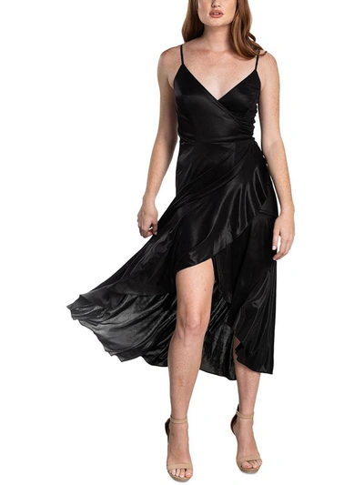 Dress The Population Womens Shimmer Tea Length Wrap Dress In Black