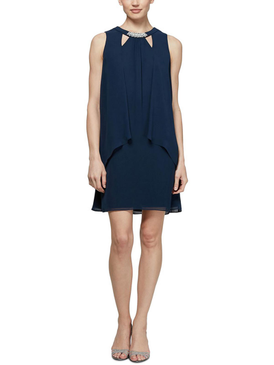 Slny Womens Chiffon Embellished Cocktail And Party Dress In Blue