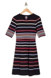 VINCE CAMUTO STRIPE ELBOW SLEEVE FIT & FLARE DRESS