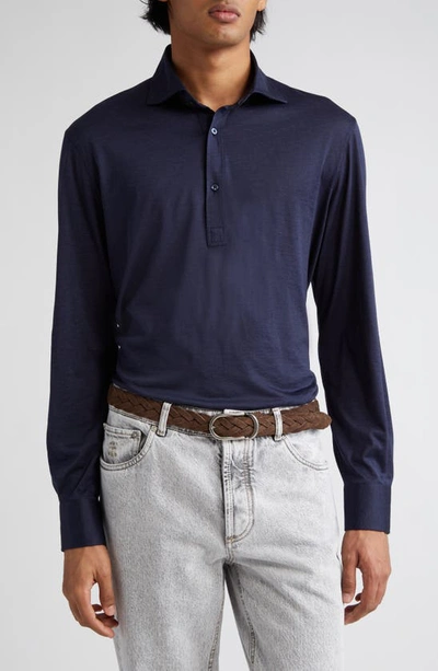 Brunello Cucinelli Silk-cotton Long-sleeved Polo Shirt In Cobalt Blue