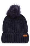 Barbour Saltburn Faux Fur Pom Beanie In Navy