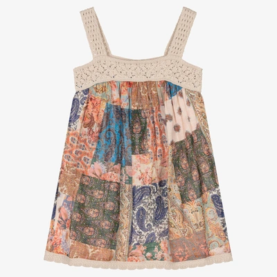 Zimmermann Kids' Crochet-trim Paisley-patchwork Dress In Beige