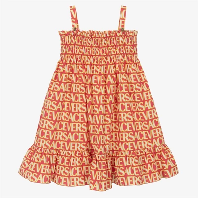 Versace Kids' Printed Cotton Poplin Dress In Fuxiaivory