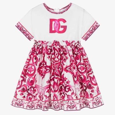 Dolce & Gabbana Babies' Majolica-print Cotton Dress In Tris Maioliche Fuxia