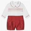 BEATRICE & GEORGE BOYS RED DUPION HAND-SMOCKED BUSTER SUIT