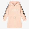 Chloé Girls Pink Organic Cotton Hooded Logo Dress In Pink