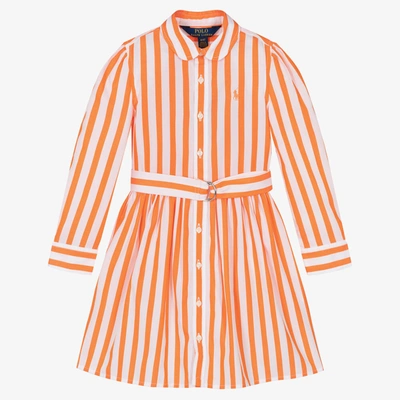 Polo Ralph Lauren Kids' Striped Cotton Poplin Shirt Dress In May Orange/white