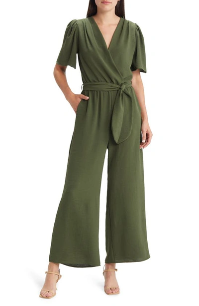 Fraiche By J Tie Front Wide Leg Jumpsuit In Olive