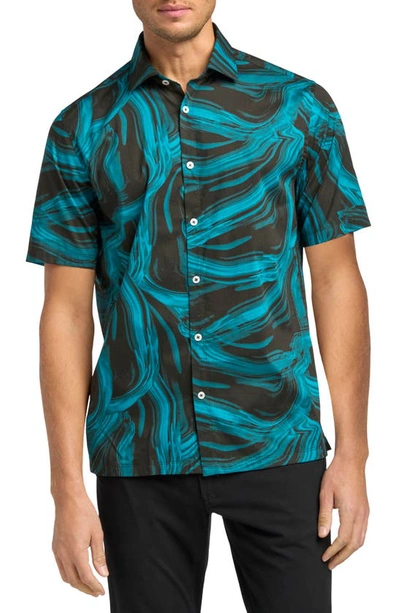Good Man Brand Big On-point Short Sleeve Stretch Organic Cotton Button-up Shirt In Blue Psychedelic