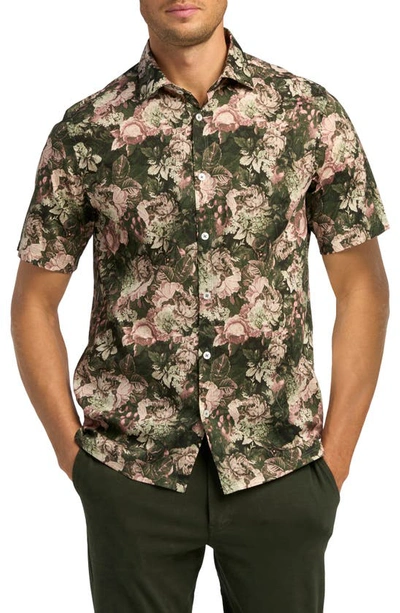 Good Man Brand Big On-point Short Sleeve Stretch Organic Cotton Button-up Shirt In Kombu Green Tapestry Floral