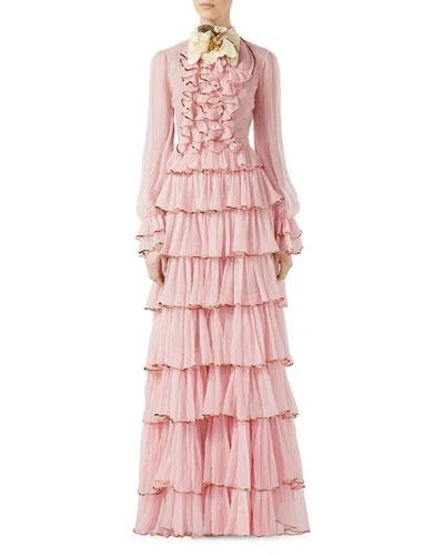 Gucci Ruffled Embellished Silk-crepon Gown In Flame, Light Pink