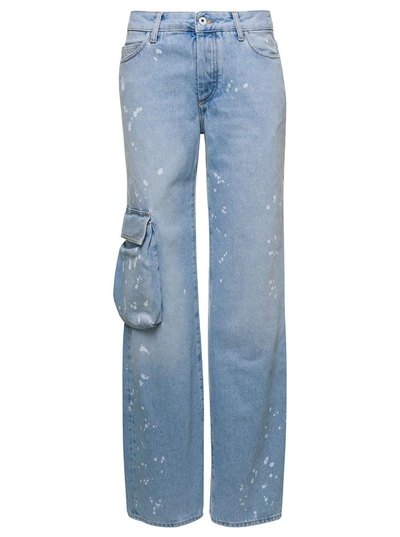 Off-white Light Blue Cotton Cargo Jeans With Painted Detail From