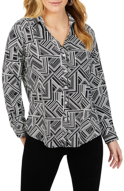 Foxcroft Mary Geometric Print Button-up Shirt In Black