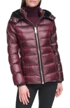 Calvin Klein Faux Fur Trim Chevron Quilt Down Puffer Jacket In Shine Wine