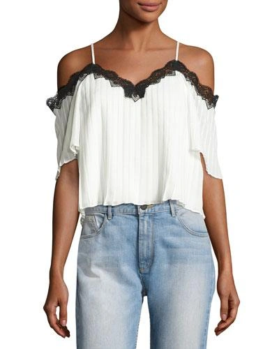 Alice And Olivia Woman Cold-shoulder Lace-trimmed Pleated Crepe De Chine Top White